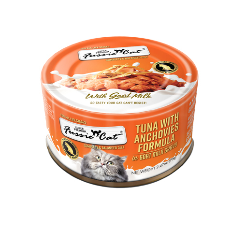 Fussie Cat Premium Wet Cat Food, Tuna with Anchvies Formula in Goat Milk Gravy, 2.47 Ounces