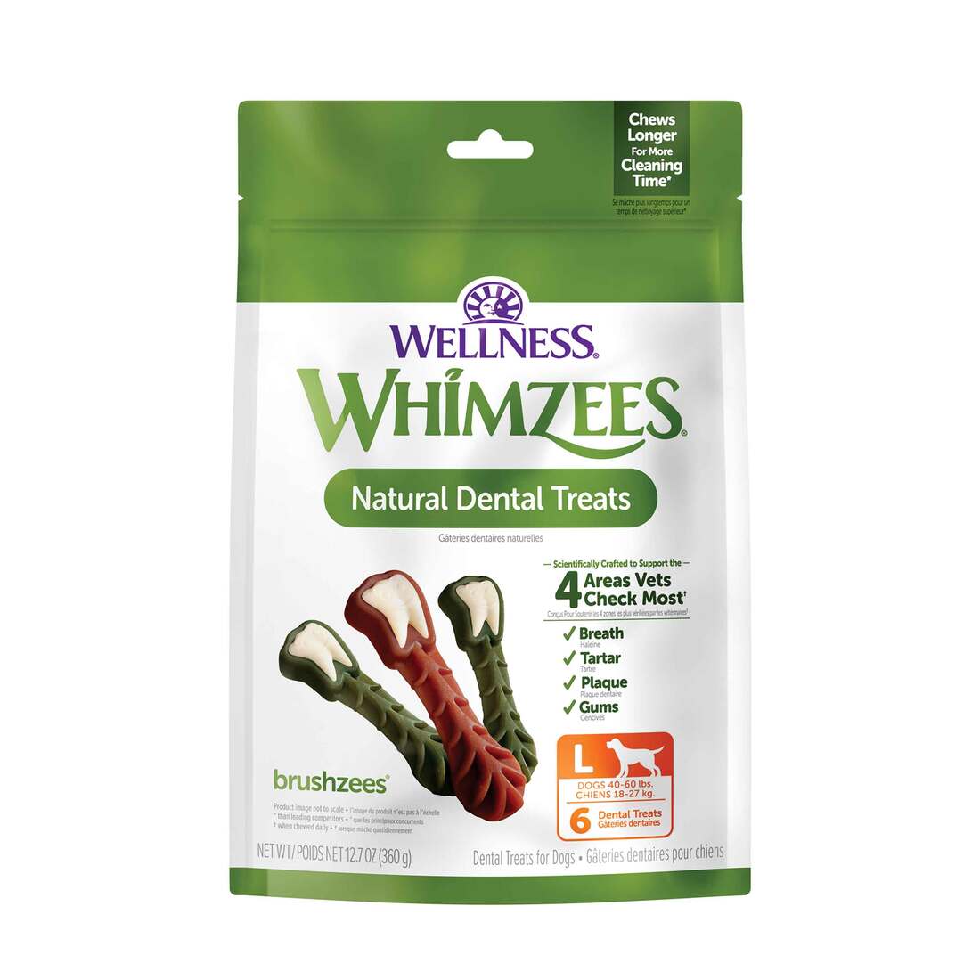 Wellness WHIMZEES Brushzees Dog Dental Treats, Large Size Stick, (6 Count)