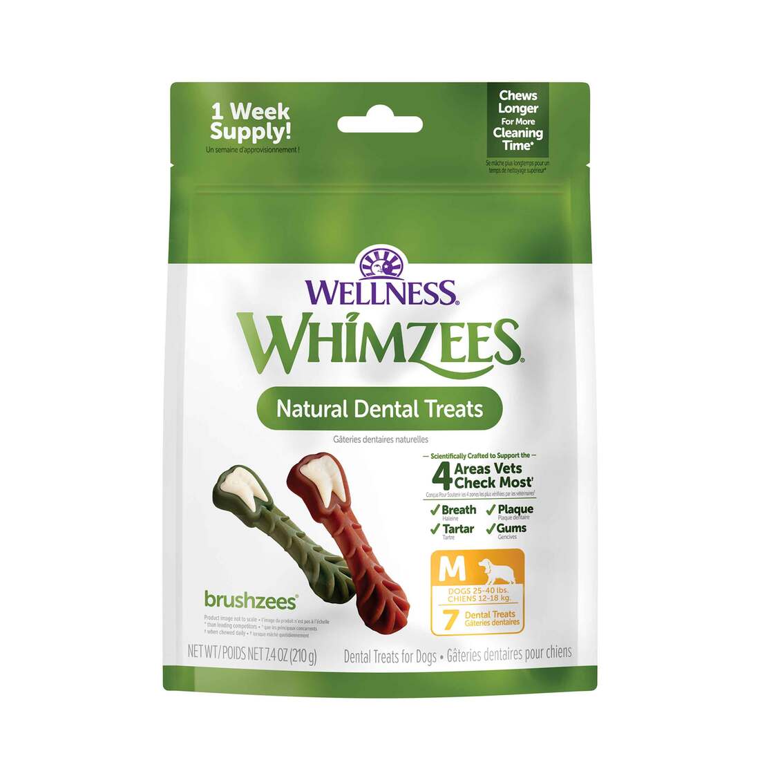 Wellness WHIMZEES Daily Brushzees Dog Dental Treats, Medium Size Stick, (7 Count)
