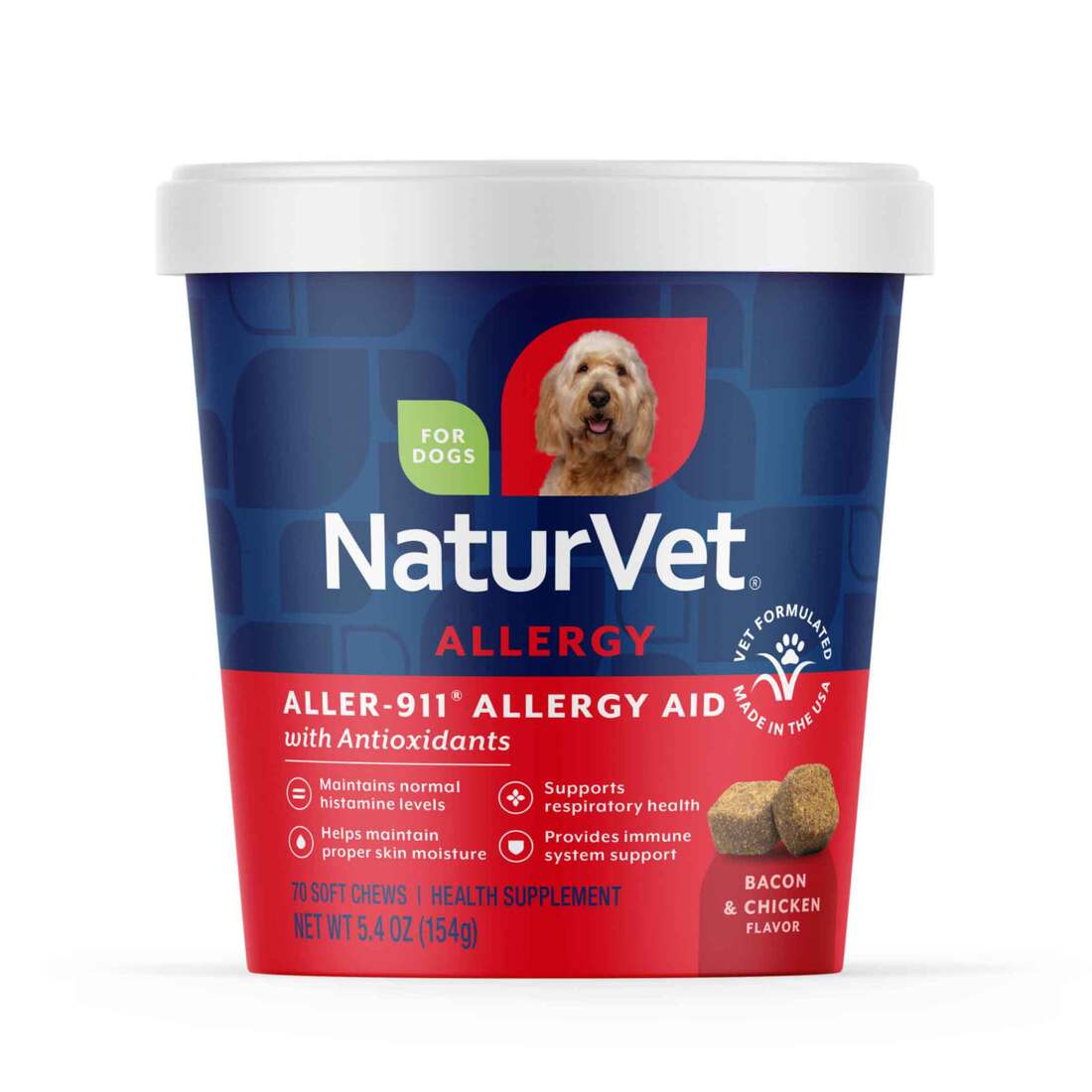 NaturVet Aller-911 Allergy Aid Supplements for Dogs, Bacon and Chicken Flavor, 70 Count