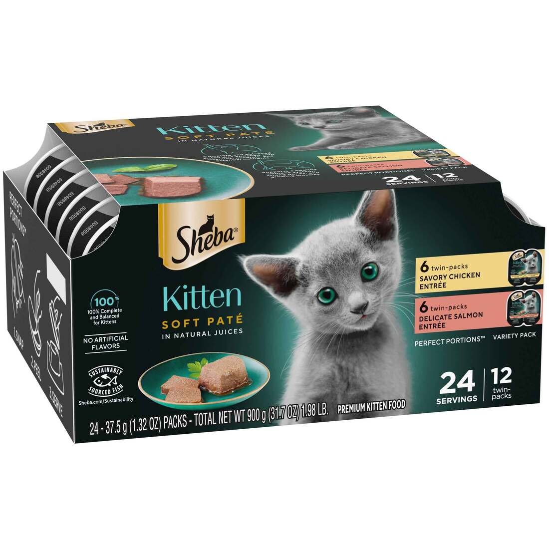 Sheba Perfect Portions Pate Wet Kitten Food Variety Pack, Chicken, Salmon, 12 Twin Packs, 24 Count