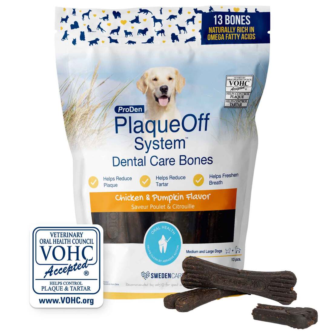 Proden PlaqueOff Dental Bone Dog Treat, Chicken & Pumpkin Flavor, 17 Ounces, 13 Count