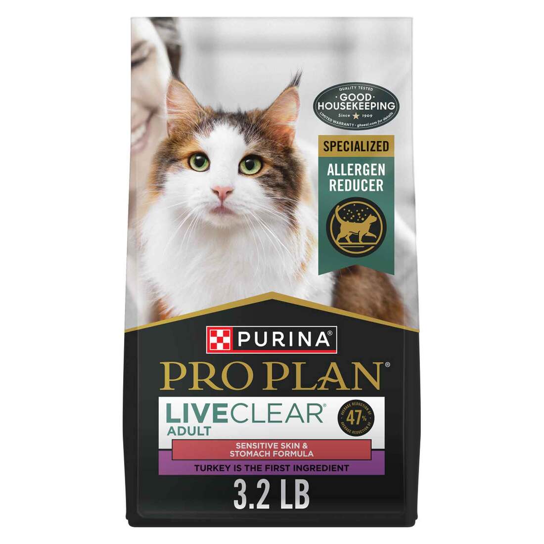 Purina Pro Plan LiveClear Sensitive Skin and Stomach Dry Cat Food, Turkey and Oat Meal Formula - 3.2