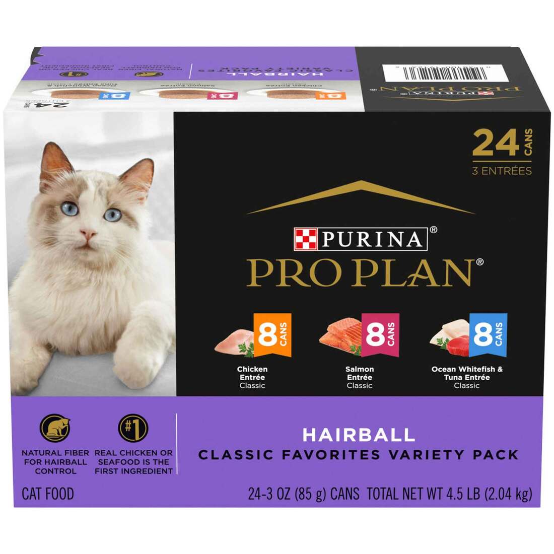 Purina Pro Plan Wet Cat Food, Hairball Controll Hairball Entrees Variety Pack (24), 3 Ounces