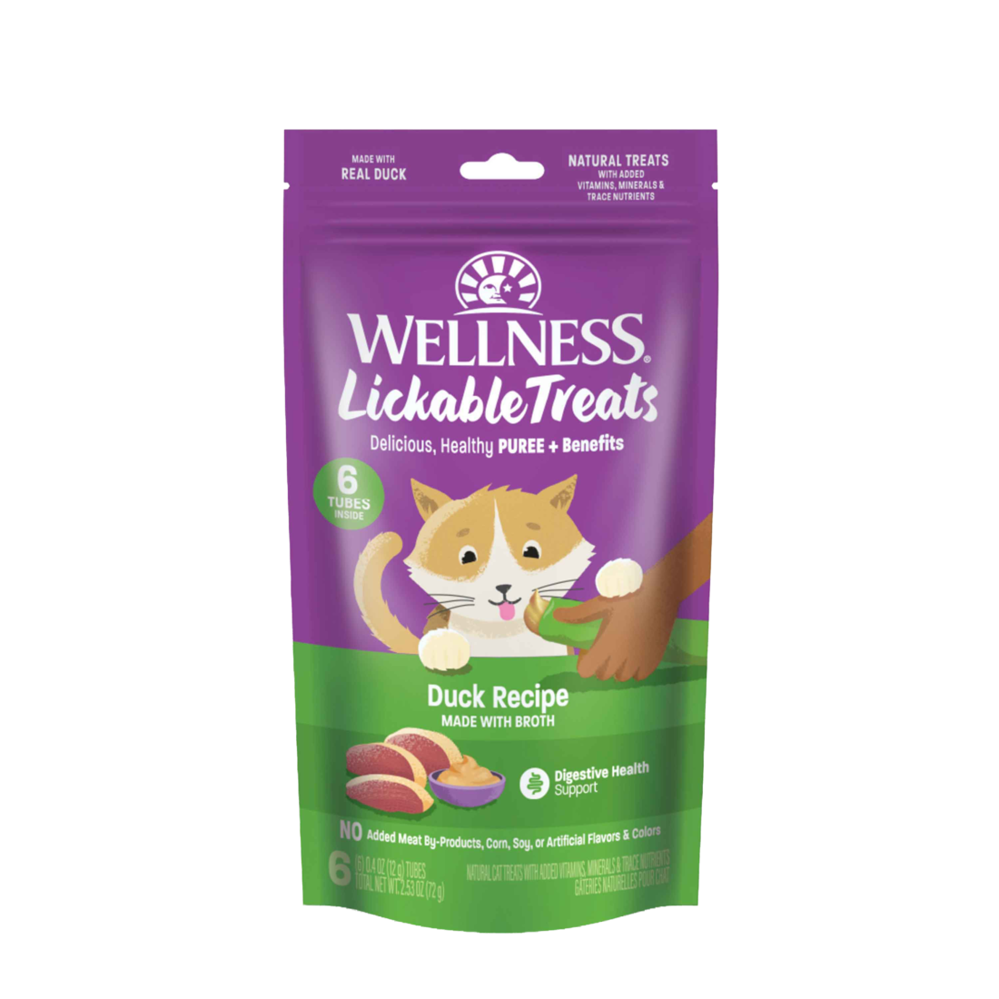 Wellness Lickable Treats Soft Puree Natural Grain Free Cat Treats, Duck, Contains 6 - 0.4 Ounce Tube