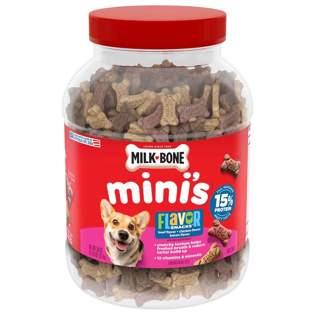 Milk-Bone Flavor Snacks Mini's Dog Biscuits, Flavored Crunchy Dog Treats, 36 Ounce Canister