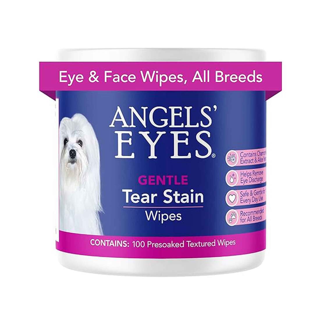Angels' Eyes Hypoallergenic Tear Stain and Eye Wipes for Dogs & Cats, 100 Count
