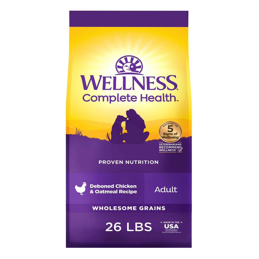 Wellness Complete Health Dry Dog Food, Wholesome Grains, Natural, Chicken & Oatmeal, 26-Pound Bag