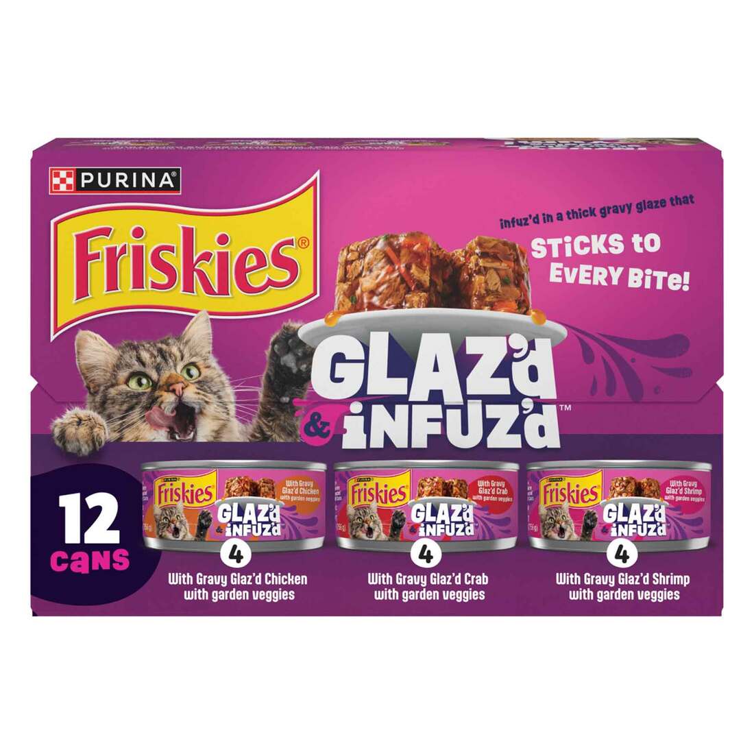 Friskies Glaz'd Infuz'd Wet Cat Food Variety Pack, Chicken, Crab, and Shrimp, 12 Count, 4.1 Pounds