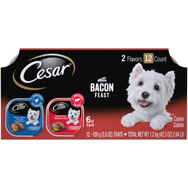Cesar Soft Wet Dog Food Loaf & Topper in Sauce Bacon Feast Variety Pack, 3.5 Ounces Easy Peel Trays