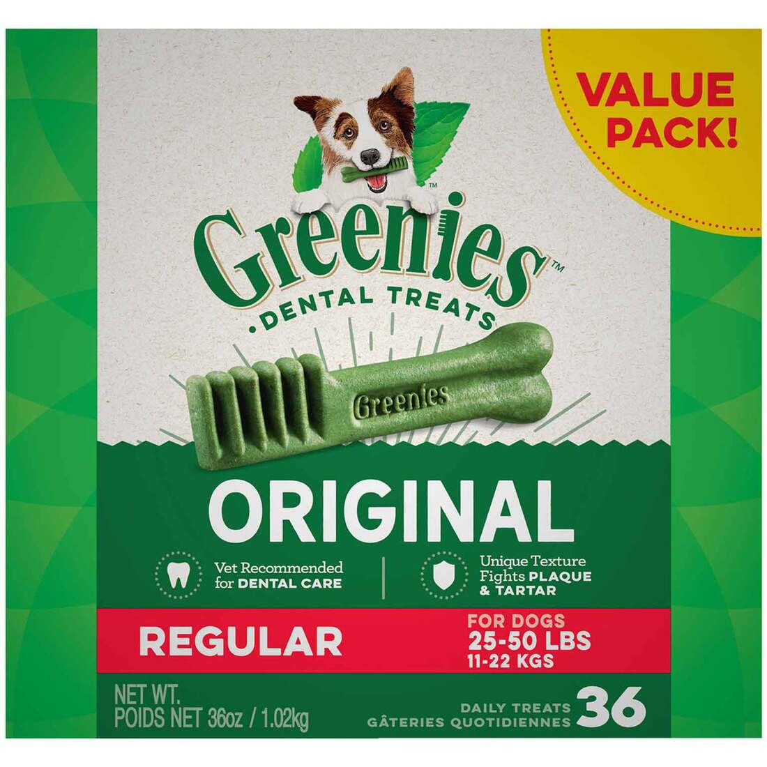 GREENIES Original Regular Natural Dog Dental Care Chews Oral Health Dog Treats, 36 Ounce Pack (36 Tr