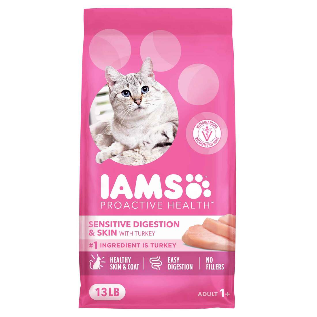 IAMS PROACTIVE HEALTH Adult Sensitive Digestion and Skin Dry Cat Food with Turkey, 13 Pounds