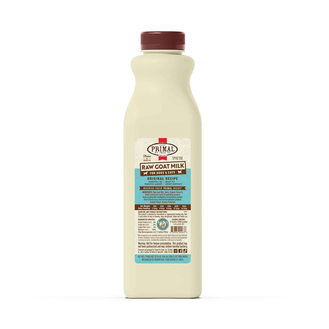 Primal Pet Foods Frozen Raw Goat Milk for Dogs & Cats, Original, 32 Ounces - Not Available For Deliv