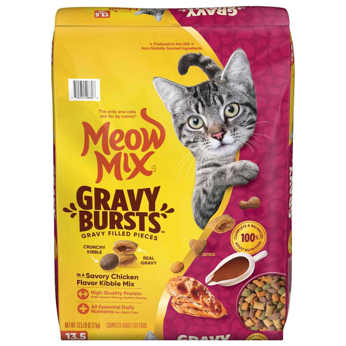 Meow Mix Gravy Bursts Dry Cat Food, Savory Chicken Flavors, 13.5 Pound Bag