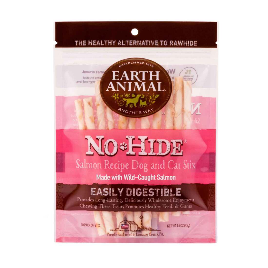 Earth Animal No-Hide Wild-Caught Salmon Stix Natural Rawhide Alternative Dog & Cat Chews, 10 Pack