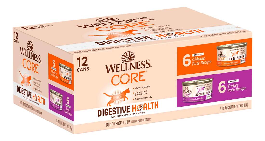 Wellness CORE Natural Wet Cat Food, Digestive Health Chicken & Turkey Pate Variety Pack (12), 3 Ounc