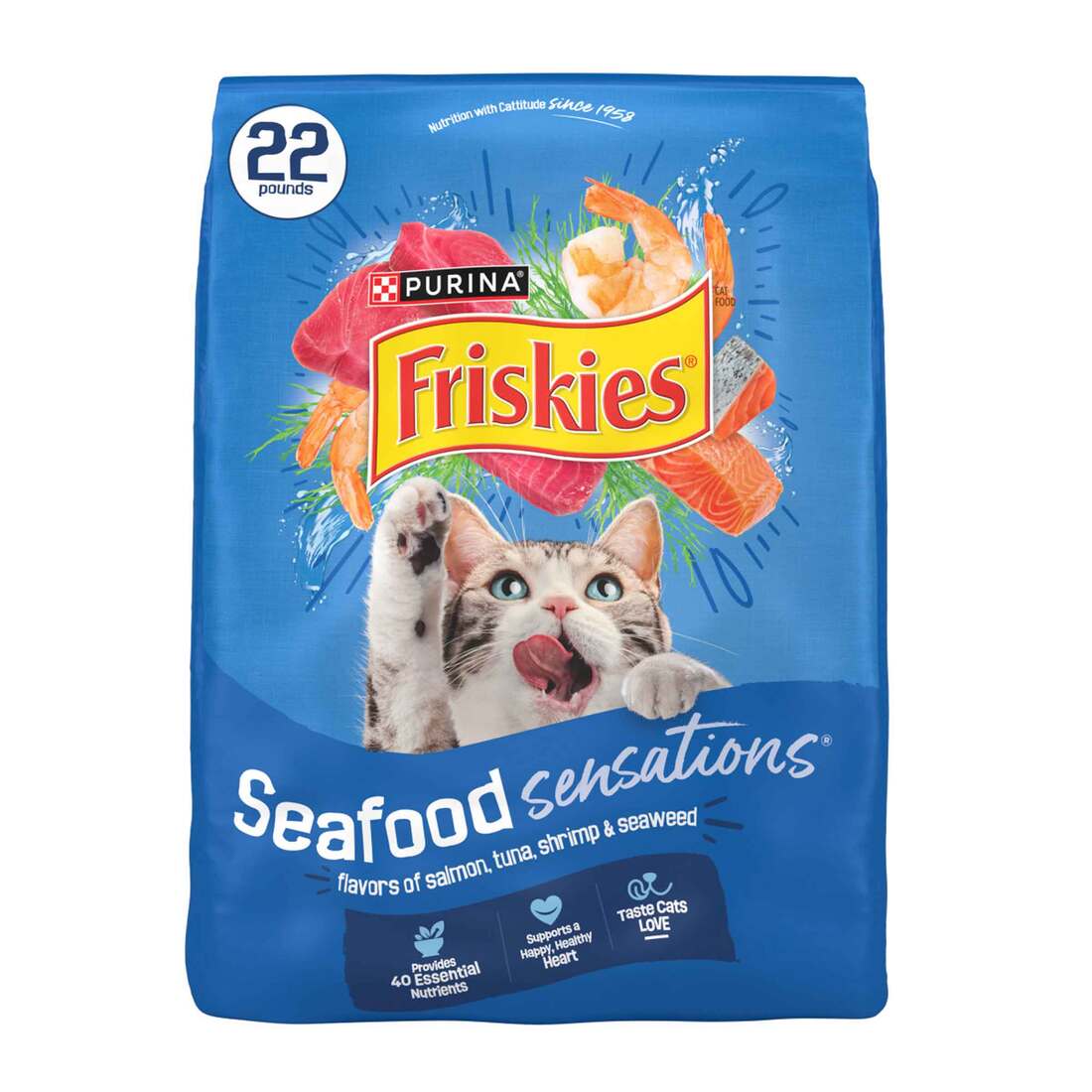 Purina Friskies Seafood Sensations Dry Cat Food, Salmon, Tuna, and Shrimp Flavors - 22 Pound Bag