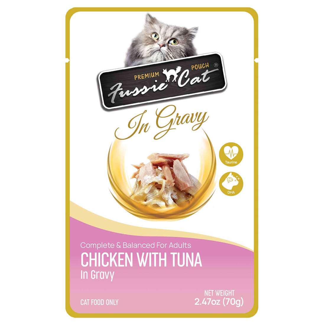 Fussie Cat Premium Wet Cat Food Pouch, Chicken in With Tuna in Gravy, 2.47 Ounces