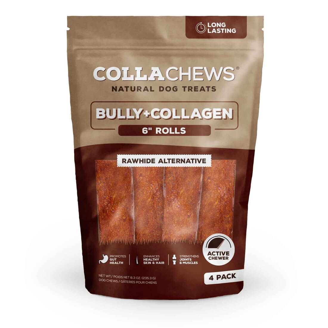 CollaChews Bully Collagen Roll Dog Treats, 6 Inches, 4 Pack